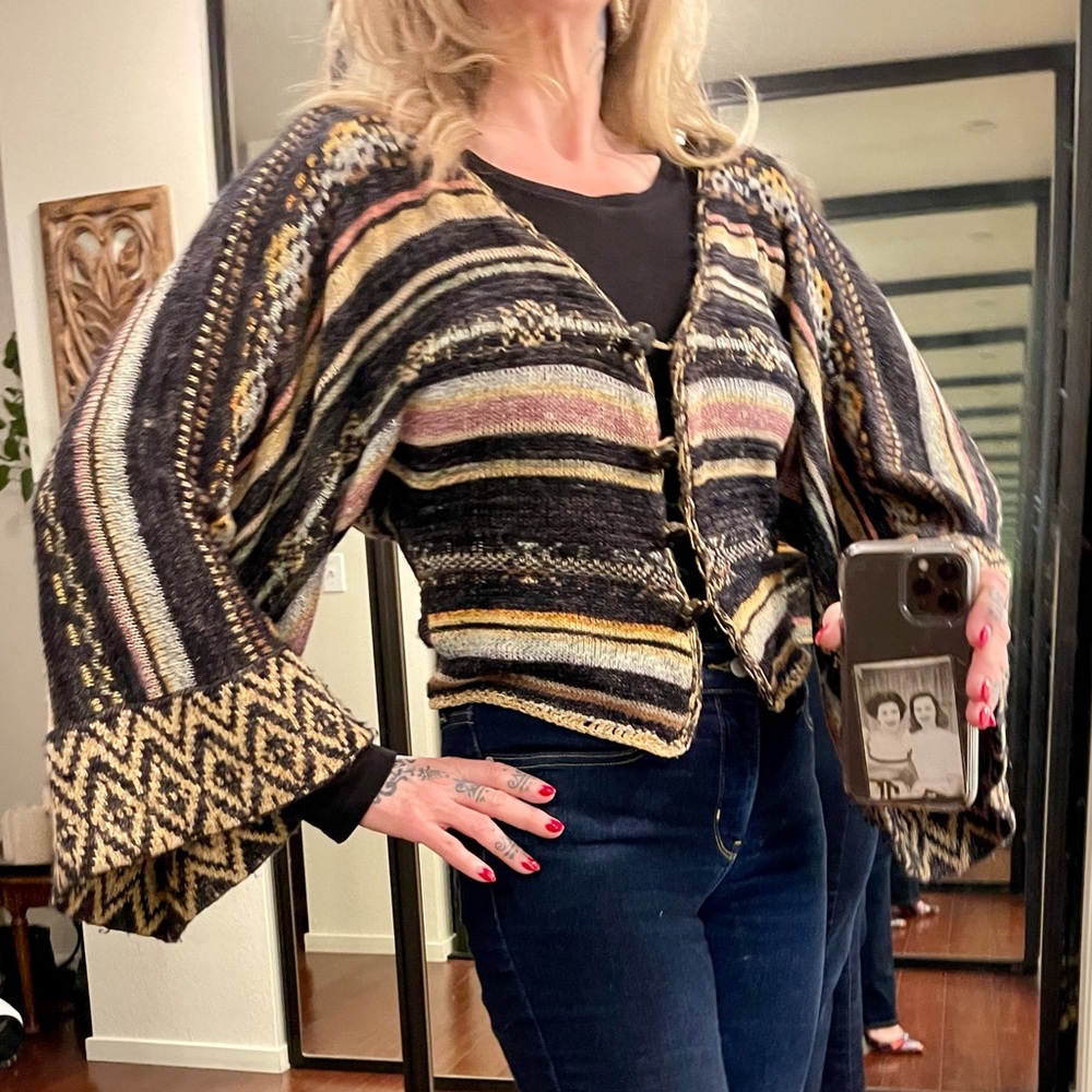 Free People Black and Brown Cardigan with Ornate Design